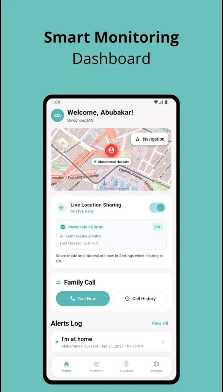 Bo Trygt Hjemme app — live location map